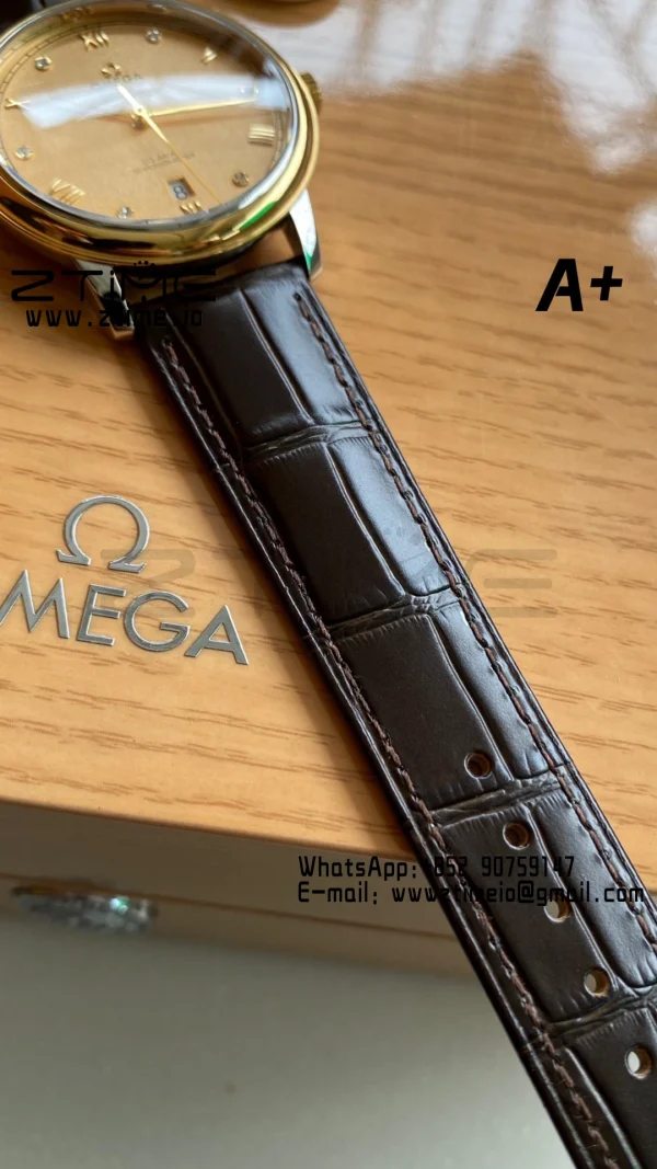 OMEGA De Ville Prestige 39.5mm YG/SS A+F 1:1 Best Edition Yellow Granular Dial YG Markers on Black Leather Strap A2500 - Super Clone Watch | 1:1 Best Version