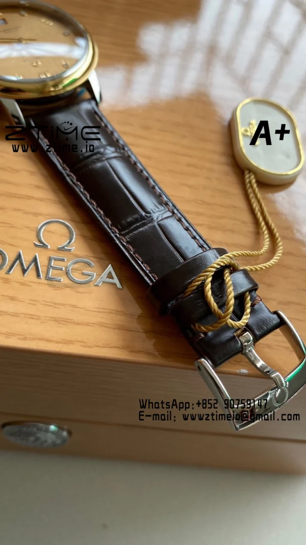 OMEGA De Ville Prestige 39.5mm YG/SS A+F 1:1 Best Edition Yellow Granular Dial YG Markers on Black Leather Strap A2500 - Super Clone Watch | 1:1 Best Version