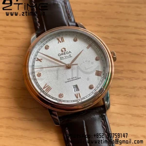 OMEGA De Ville Prestige 39.5mm RG/SS A+F 1:1 Best Edition White Granular Dial RG Markers on Black Leather Strap A2500 - Super Clone Watch | 1:1 Best Version