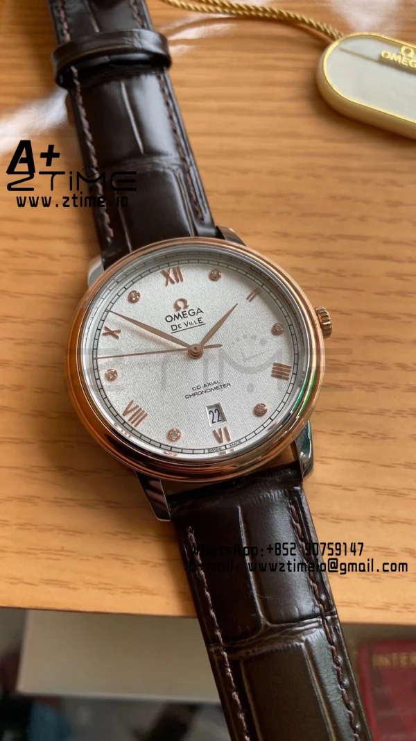 OMEGA De Ville Prestige 39.5mm RG/SS A+F 1:1 Best Edition White Granular Dial RG Markers on Black Leather Strap A2500 - Super Clone Watch | 1:1 Best Version
