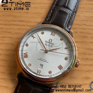 OMEGA De Ville Prestige 39.5mm RG/SS A+F 1:1 Best Edition White Granular Dial RG Markers on Black Leather Strap A2500 - Super Clone Watch | 1:1 Best Version