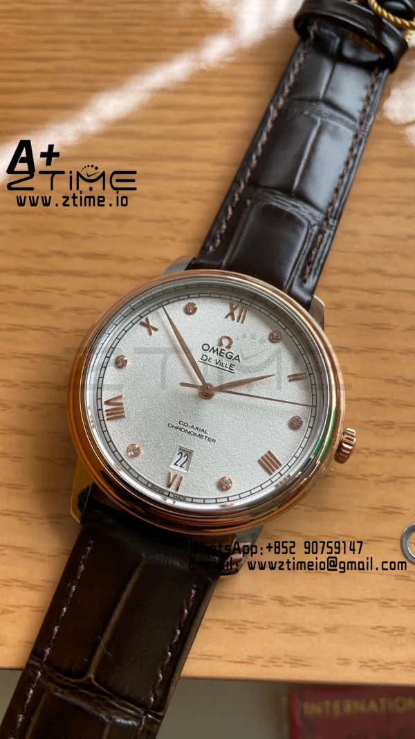 OMEGA De Ville Prestige 39.5mm RG/SS A+F 1:1 Best Edition White Granular Dial RG Markers on Black Leather Strap A2500 - Super Clone Watch | 1:1 Best Version