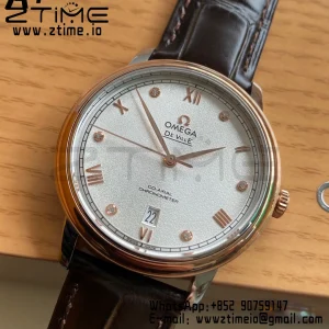 OMEGA De Ville Prestige 39.5mm RG/SS A+F 1:1 Best Edition White Granular Dial RG Markers on Black Leather Strap A2500 - Super Clone Watch | 1:1 Best Version