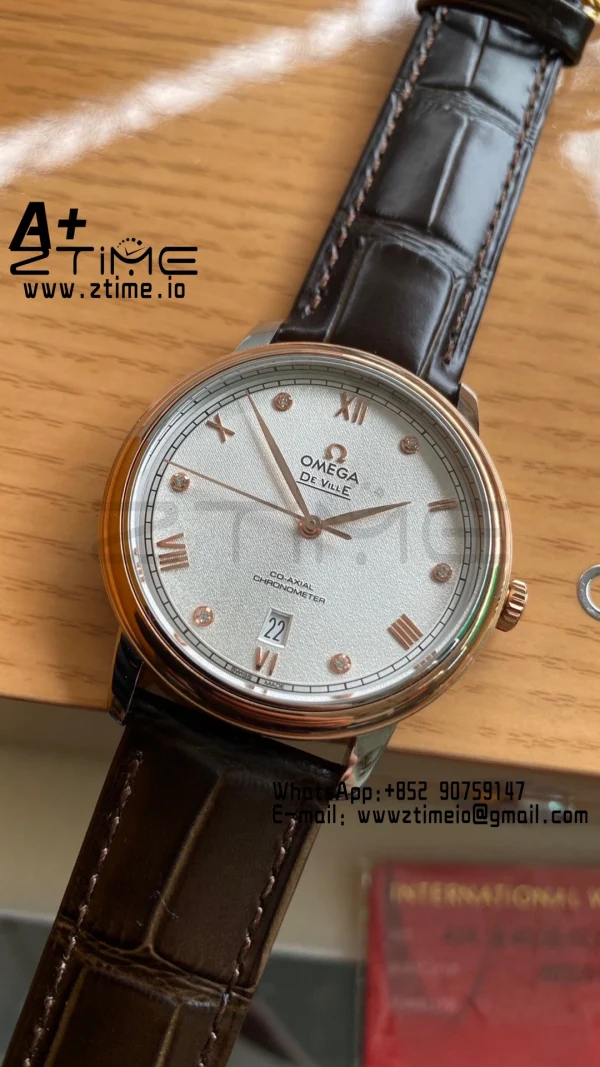 OMEGA De Ville Prestige 39.5mm RG/SS A+F 1:1 Best Edition White Granular Dial RG Markers on Black Leather Strap A2500 - Super Clone Watch | 1:1 Best Version