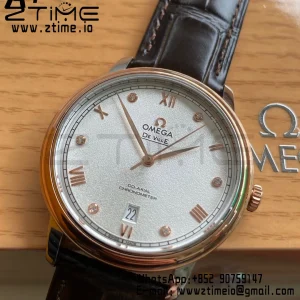 OMEGA De Ville Prestige 39.5mm RG/SS A+F 1:1 Best Edition White Granular Dial RG Markers on Black Leather Strap A2500 - Super Clone Watch | 1:1 Best Version
