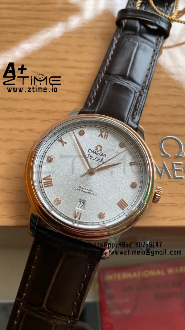 OMEGA De Ville Prestige 39.5mm RG/SS A+F 1:1 Best Edition White Granular Dial RG Markers on Black Leather Strap A2500 - Super Clone Watch | 1:1 Best Version