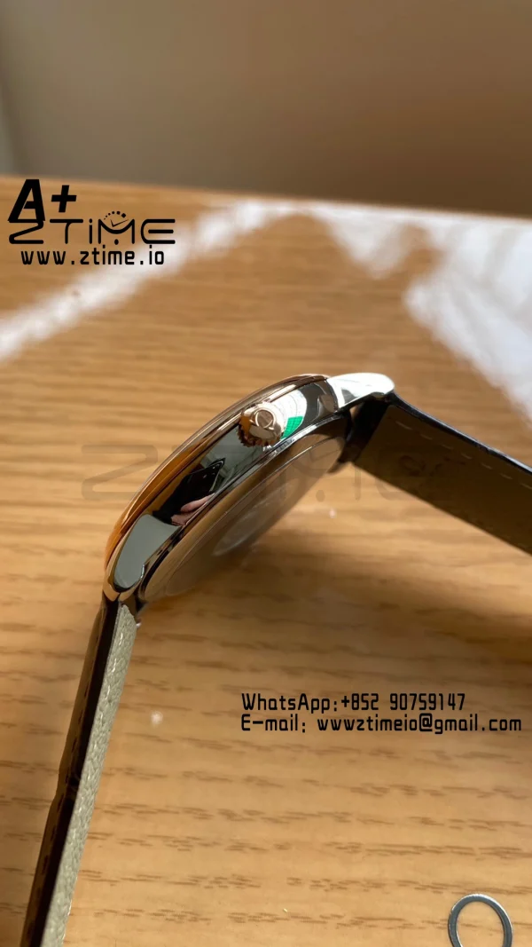 OMEGA De Ville Prestige 39.5mm RG/SS A+F 1:1 Best Edition White Granular Dial RG Markers on Black Leather Strap A2500 - Super Clone Watch | 1:1 Best Version