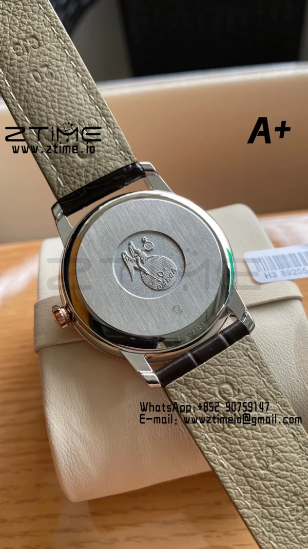 OMEGA De Ville Prestige 39.5mm RG/SS A+F 1:1 Best Edition White Granular Dial RG Markers on Black Leather Strap A2500 - Super Clone Watch | 1:1 Best Version