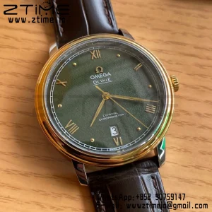 OMEGA De Ville Prestige 39.5mm YG/SS A+F 1:1 Best Edition Green Granular Dial YG Markers on Black Leather Strap A2500 - Super Clone Watch | 1:1 Best Version
