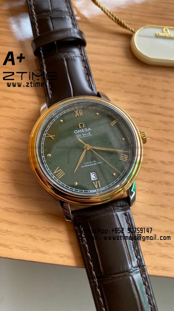 OMEGA De Ville Prestige 39.5mm YG/SS A+F 1:1 Best Edition Green Granular Dial YG Markers on Black Leather Strap A2500 - Super Clone Watch | 1:1 Best Version