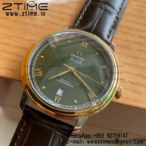 OMEGA De Ville Prestige 39.5mm YG/SS A+F 1:1 Best Edition Green Granular Dial YG Markers on Black Leather Strap A2500 - Super Clone Watch | 1:1 Best Version