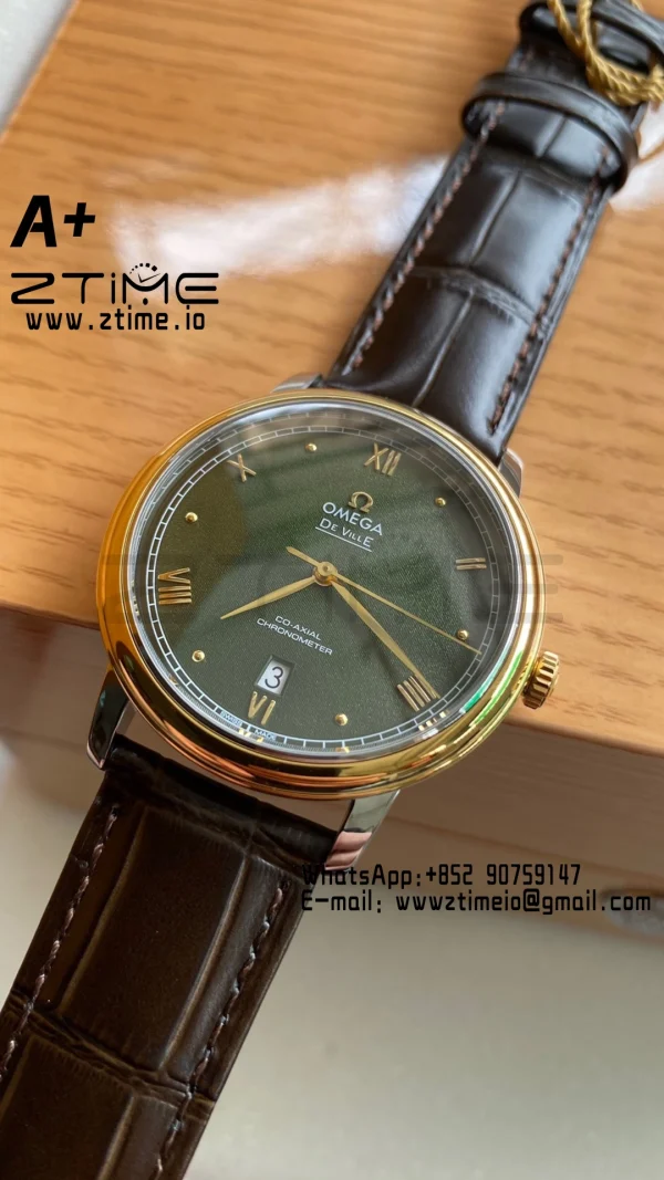 OMEGA De Ville Prestige 39.5mm YG/SS A+F 1:1 Best Edition Green Granular Dial YG Markers on Black Leather Strap A2500 - Super Clone Watch | 1:1 Best Version