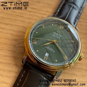 OMEGA De Ville Prestige 39.5mm YG/SS A+F 1:1 Best Edition Green Granular Dial YG Markers on Black Leather Strap A2500 - Super Clone Watch | 1:1 Best Version