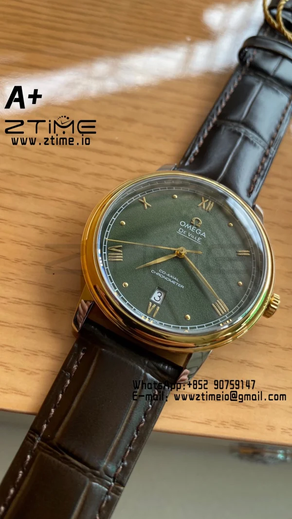 OMEGA De Ville Prestige 39.5mm YG/SS A+F 1:1 Best Edition Green Granular Dial YG Markers on Black Leather Strap A2500 - Super Clone Watch | 1:1 Best Version