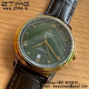 OMEGA De Ville Prestige 39.5mm YG/SS A+F 1:1 Best Edition Green Granular Dial YG Markers on Black Leather Strap A2500 - Super Clone Watch | 1:1 Best Version