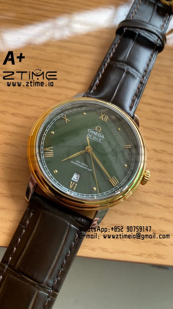 OMEGA De Ville Prestige 39.5mm YG/SS A+F 1:1 Best Edition Green Granular Dial YG Markers on Black Leather Strap A2500 - Super Clone Watch | 1:1 Best Version