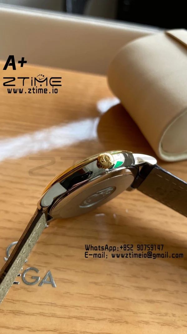 OMEGA De Ville Prestige 39.5mm YG/SS A+F 1:1 Best Edition Green Granular Dial YG Markers on Black Leather Strap A2500 - Super Clone Watch | 1:1 Best Version