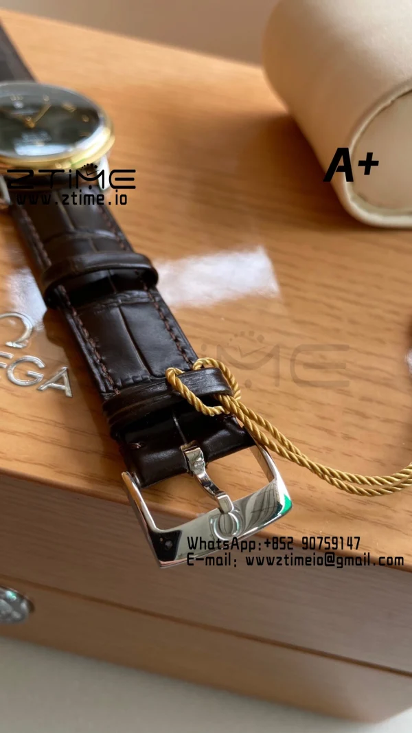 OMEGA De Ville Prestige 39.5mm YG/SS A+F 1:1 Best Edition Green Granular Dial YG Markers on Black Leather Strap A2500 - Super Clone Watch | 1:1 Best Version