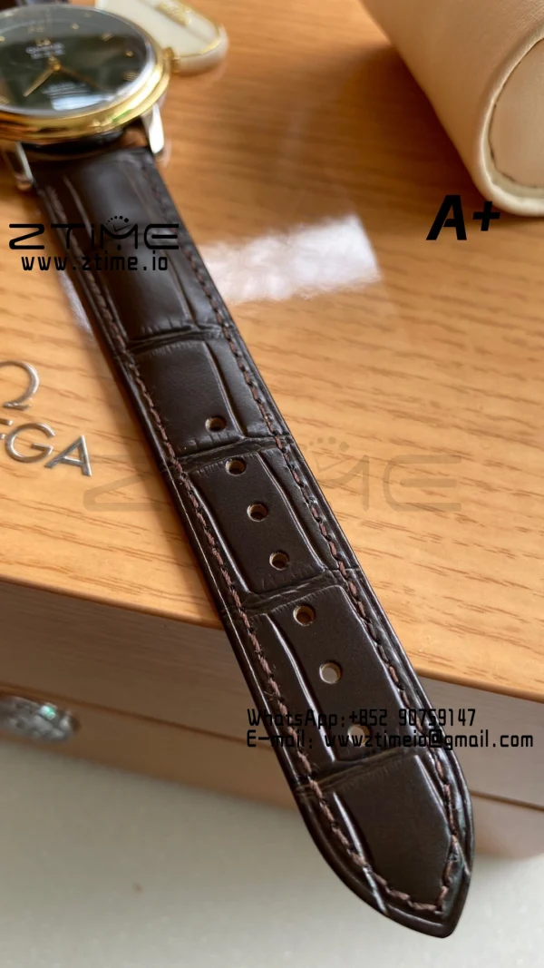 OMEGA De Ville Prestige 39.5mm YG/SS A+F 1:1 Best Edition Green Granular Dial YG Markers on Black Leather Strap A2500 - Super Clone Watch | 1:1 Best Version