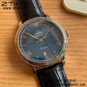 OMEGA De Ville Prestige 39.5mm SS A+F 1:1 Best Edition Μπλε κοκκώδες καντράν με δείκτες YG σε μαύρο δερμάτινο λουράκι A2500 - Super Clone Watch | 1:1 Best Version