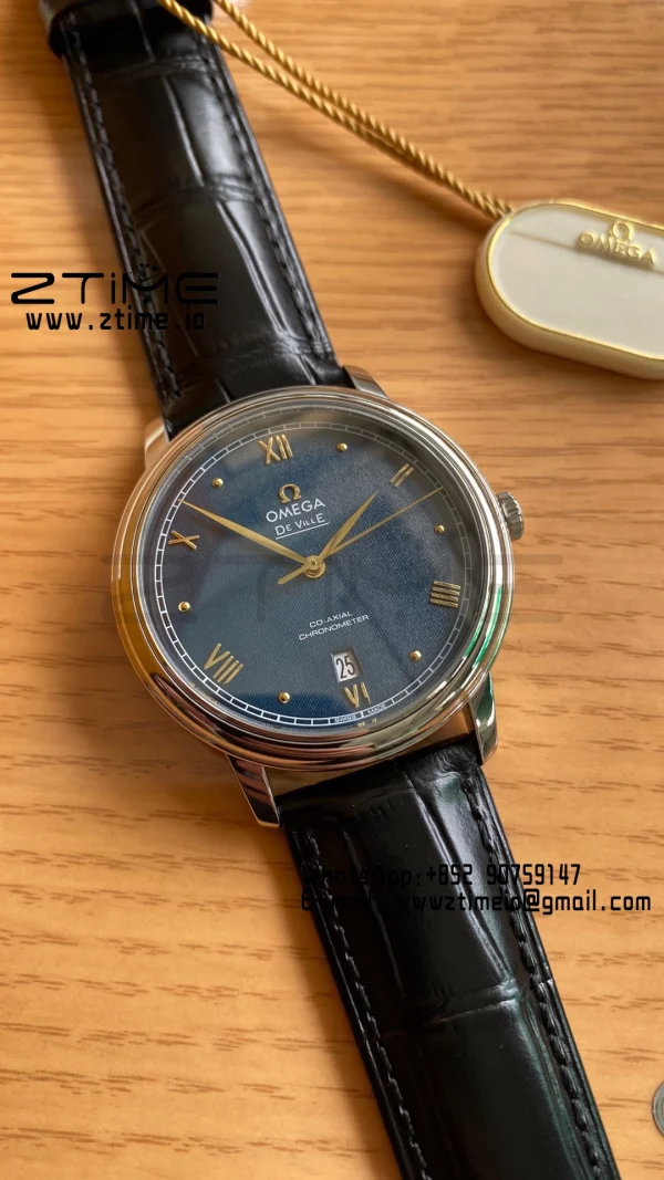 OMEGA De Ville Prestige 39.5mm SS A+F 1:1 Best Edition Μπλε κοκκώδες καντράν με δείκτες YG σε μαύρο δερμάτινο λουράκι A2500 - Super Clone Watch | 1:1 Best Version
