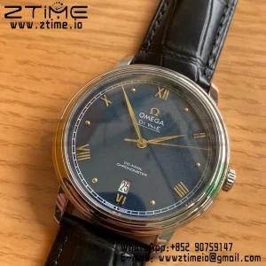 OMEGA De Ville Prestige 39.5mm SS A+F 1:1 Best Edition Blue Granular Dial YG Markers on Black Leather Strap A2500 - Super Clone Watch | 1:1 Best Version