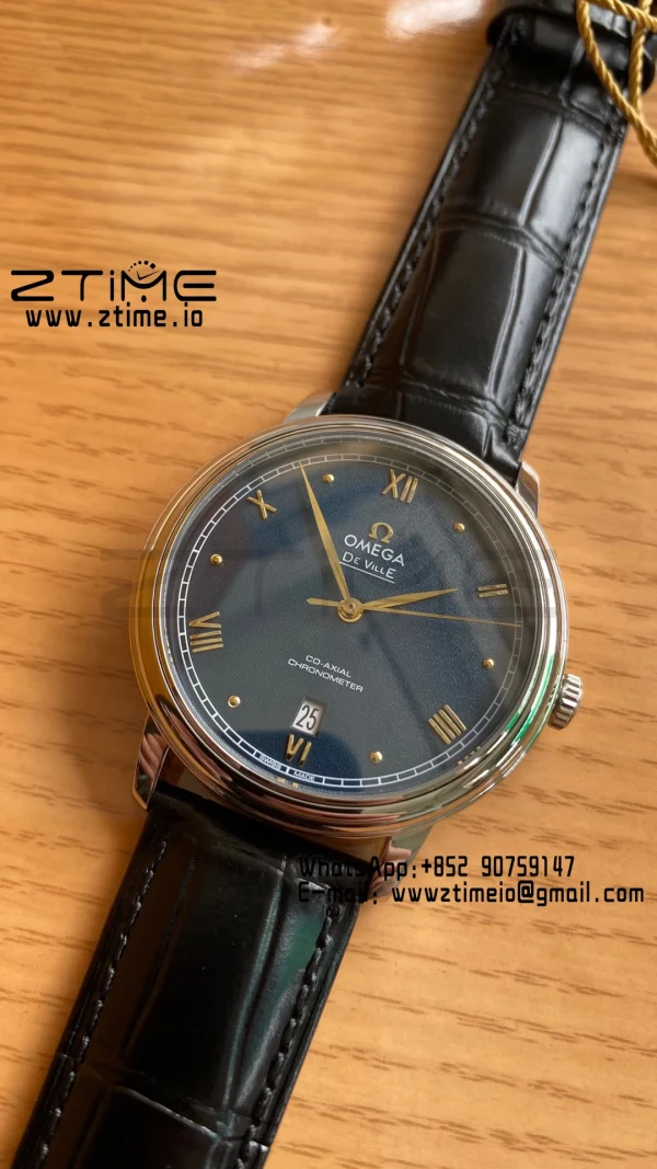 OMEGA De Ville Prestige 39.5mm SS A+F 1:1 Best Edition Μπλε κοκκώδες καντράν με δείκτες YG σε μαύρο δερμάτινο λουράκι A2500 - Super Clone Watch | 1:1 Best Version
