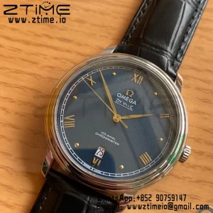 OMEGA De Ville Prestige 39.5mm SS A+F 1:1 Best Edition Μπλε κοκκώδες καντράν με δείκτες YG σε μαύρο δερμάτινο λουράκι A2500 - Super Clone Watch | 1:1 Best Version