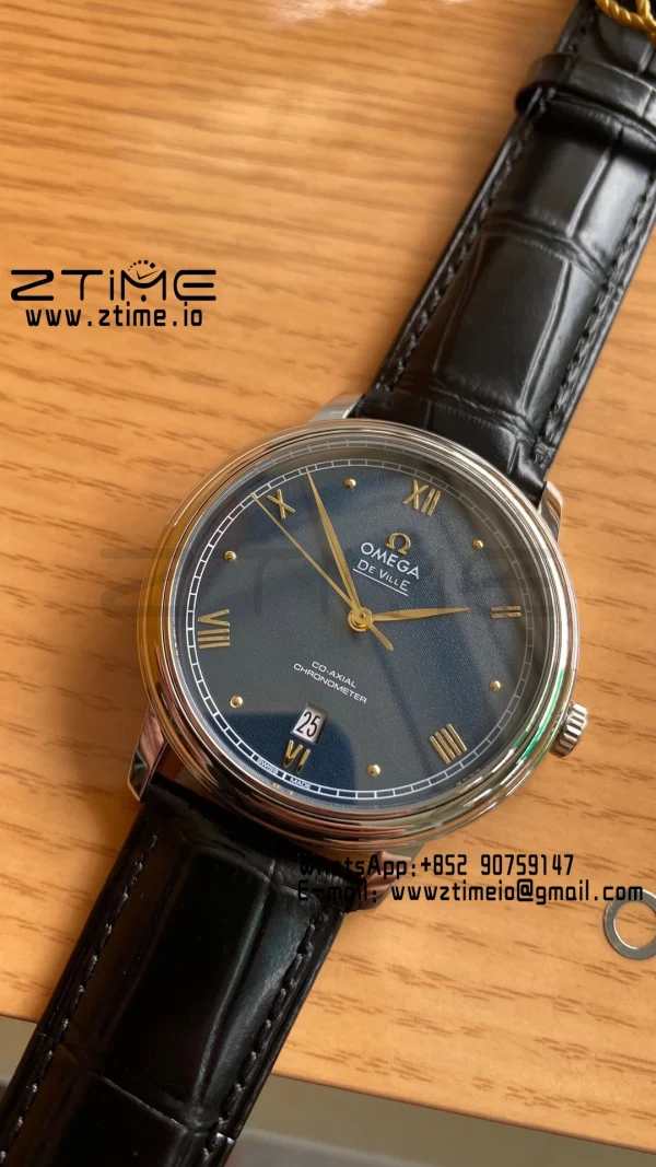 OMEGA De Ville Prestige 39.5mm SS A+F 1:1 Best Edition Μπλε κοκκώδες καντράν με δείκτες YG σε μαύρο δερμάτινο λουράκι A2500 - Super Clone Watch | 1:1 Best Version