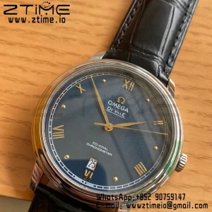 OMEGA De Ville Prestige 39.5mm SS A+F 1:1 Best Edition Μπλε κοκκώδες καντράν με δείκτες YG σε μαύρο δερμάτινο λουράκι A2500 - Super Clone Watch | 1:1 Best Version
