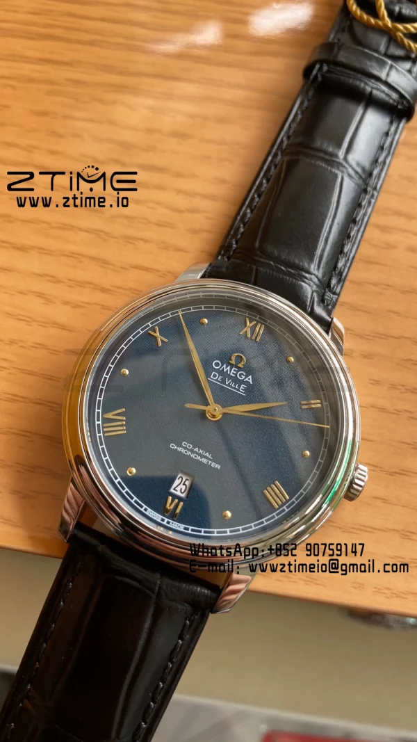 OMEGA De Ville Prestige 39.5mm SS A+F 1:1 Best Edition Μπλε κοκκώδες καντράν με δείκτες YG σε μαύρο δερμάτινο λουράκι A2500 - Super Clone Watch | 1:1 Best Version