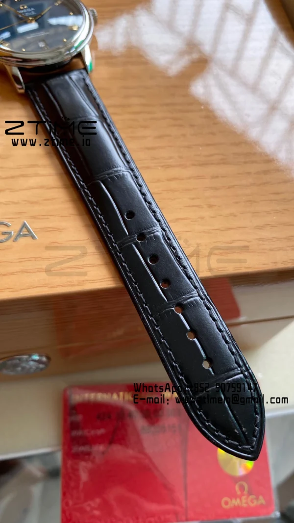 OMEGA De Ville Prestige 39.5mm SS A+F 1:1 Best Edition Μπλε κοκκώδες καντράν με δείκτες YG σε μαύρο δερμάτινο λουράκι A2500 - Super Clone Watch | 1:1 Best Version
