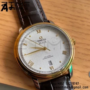 OMEGA De Ville Prestige 39.5mm RG/SS A+F 1:1 Best Edition Λευκό κοκκώδες καντράν YG Markers σε μαύρο δερμάτινο λουράκι A2500 - Super Clone Watch | 1:1 Best Version