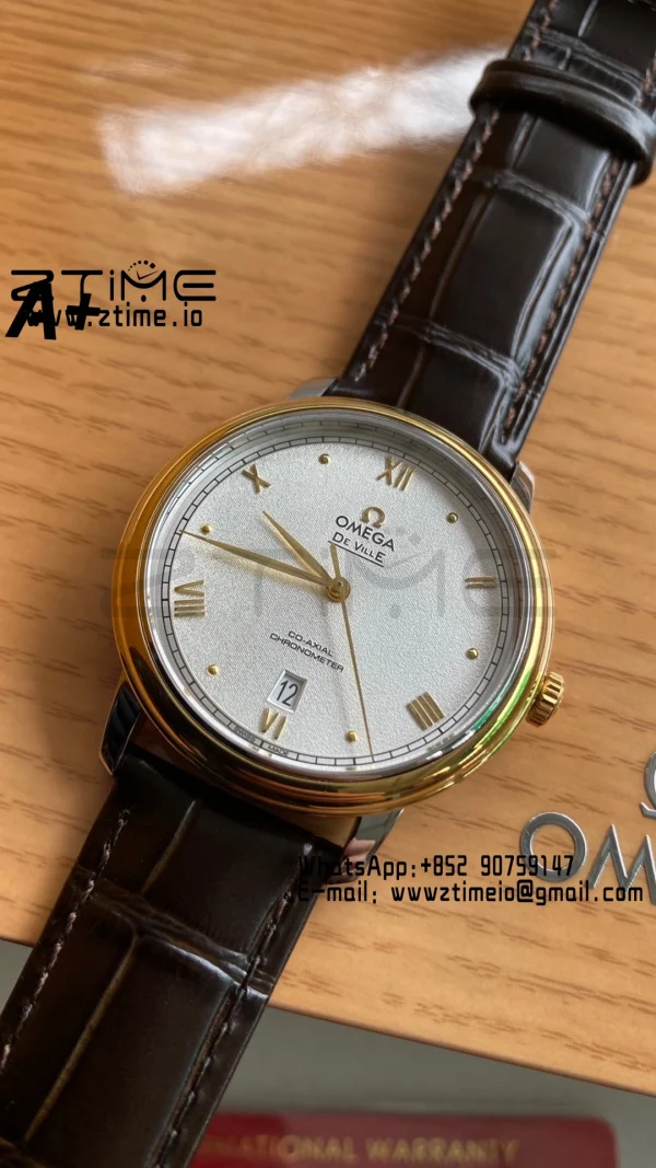 OMEGA De Ville Prestige 39.5mm RG/SS A+F 1:1 Best Edition Λευκό κοκκώδες καντράν YG Markers σε μαύρο δερμάτινο λουράκι A2500 - Super Clone Watch | 1:1 Best Version