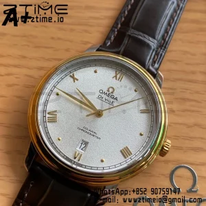 OMEGA De Ville Prestige 39.5mm RG/SS A+F 1:1 Best Edition White Granular Dial YG Markers on Black Leather Strap A2500 - Super Clone Watch | 1:1 Best Version