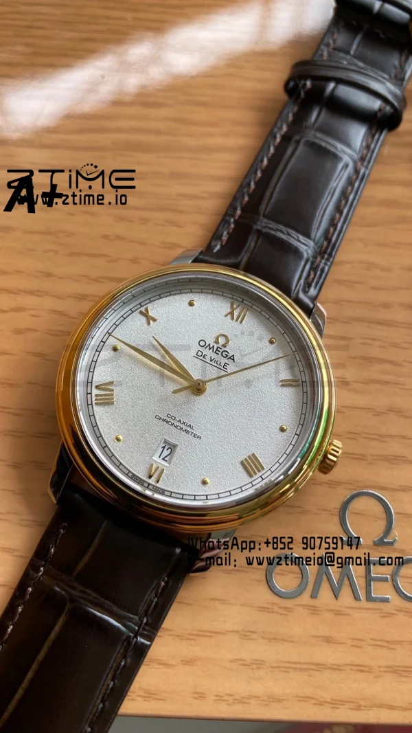 OMEGA De Ville Prestige 39.5mm RG/SS A+F 1:1 Best Edition Λευκό κοκκώδες καντράν YG Markers σε μαύρο δερμάτινο λουράκι A2500 - Super Clone Watch | 1:1 Best Version