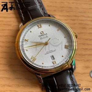 OMEGA De Ville Prestige 39.5mm RG/SS A+F 1:1 Best Edition Λευκό κοκκώδες καντράν YG Markers σε μαύρο δερμάτινο λουράκι A2500 - Super Clone Watch | 1:1 Best Version