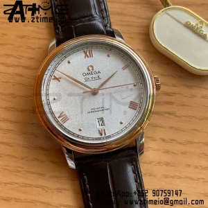 OMEGA De Ville Prestige 39.5mm RG/SS A+F 1:1 Best Edition White Granular Dial RG Markers on Black Leather Strap A2500 - Super Clone Watch | 1:1 Best Version