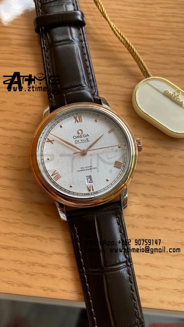 OMEGA De Ville Prestige 39.5mm RG/SS A+F 1:1 Best Edition White Granular Dial RG Markers on Black Leather Strap A2500 - Super Clone Watch | 1:1 Best Version