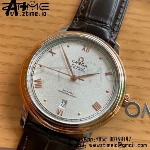 OMEGA De Ville Prestige 39.5mm RG/SS A+F 1:1 Best Edition White Granular Dial RG Markers on Black Leather Strap A2500 - Super Clone Watch | 1:1 Best Version