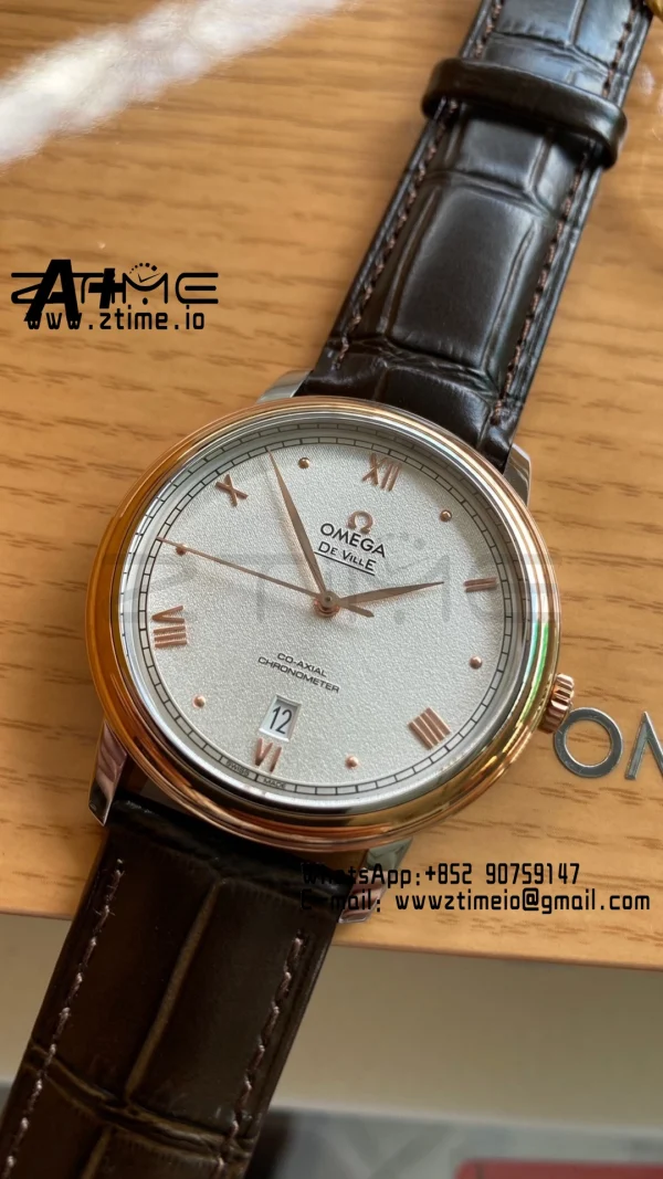 OMEGA De Ville Prestige 39.5mm RG/SS A+F 1:1 Best Edition White Granular Dial RG Markers on Black Leather Strap A2500 - Super Clone Watch | 1:1 Best Version