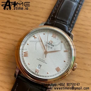 OMEGA De Ville Prestige 39.5mm RG/SS A+F 1:1 Best Edition White Granular Dial RG Markers on Black Leather Strap A2500 - Super Clone Watch | 1:1 Best Version