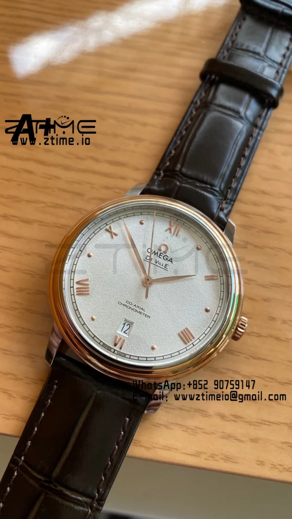 OMEGA De Ville Prestige 39.5mm RG/SS A+F 1:1 Best Edition White Granular Dial RG Markers on Black Leather Strap A2500 - Super Clone Watch | 1:1 Best Version