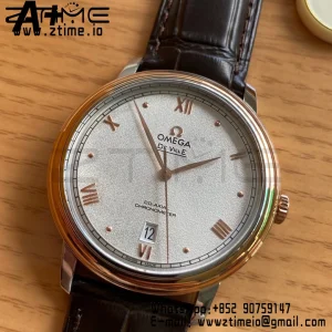 OMEGA De Ville Prestige 39.5mm RG/SS A+F 1:1 Best Edition White Granular Dial RG Markers on Black Leather Strap A2500 - Super Clone Watch | 1:1 Best Version