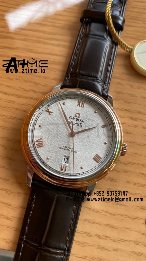 OMEGA De Ville Prestige 39.5mm RG/SS A+F 1:1 Best Edition White Granular Dial RG Markers on Black Leather Strap A2500 - Super Clone Watch | 1:1 Best Version