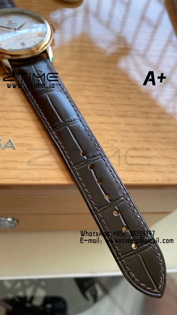 OMEGA De Ville Prestige 39.5mm RG/SS A+F 1:1 Best Edition White Granular Dial RG Markers on Black Leather Strap A2500 - Super Clone Watch | 1:1 Best Version