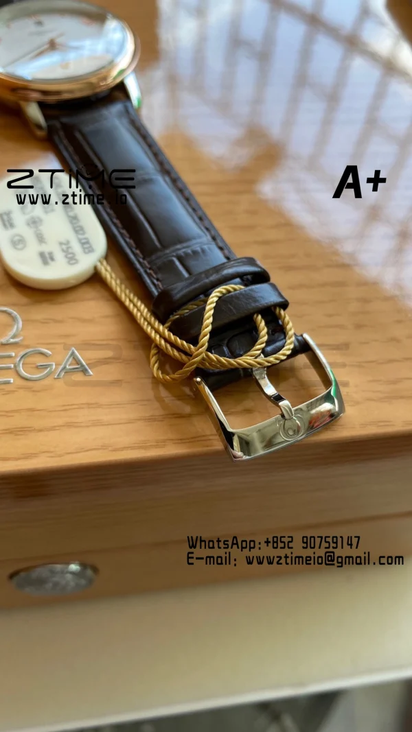 OMEGA De Ville Prestige 39.5mm RG/SS A+F 1:1 Best Edition White Granular Dial RG Markers on Black Leather Strap A2500 - Super Clone Watch | 1:1 Best Version