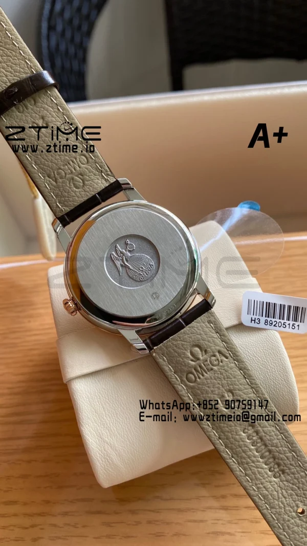 OMEGA De Ville Prestige 39.5mm RG/SS A+F 1:1 Best Edition White Granular Dial RG Markers on Black Leather Strap A2500 - Super Clone Watch | 1:1 Best Version