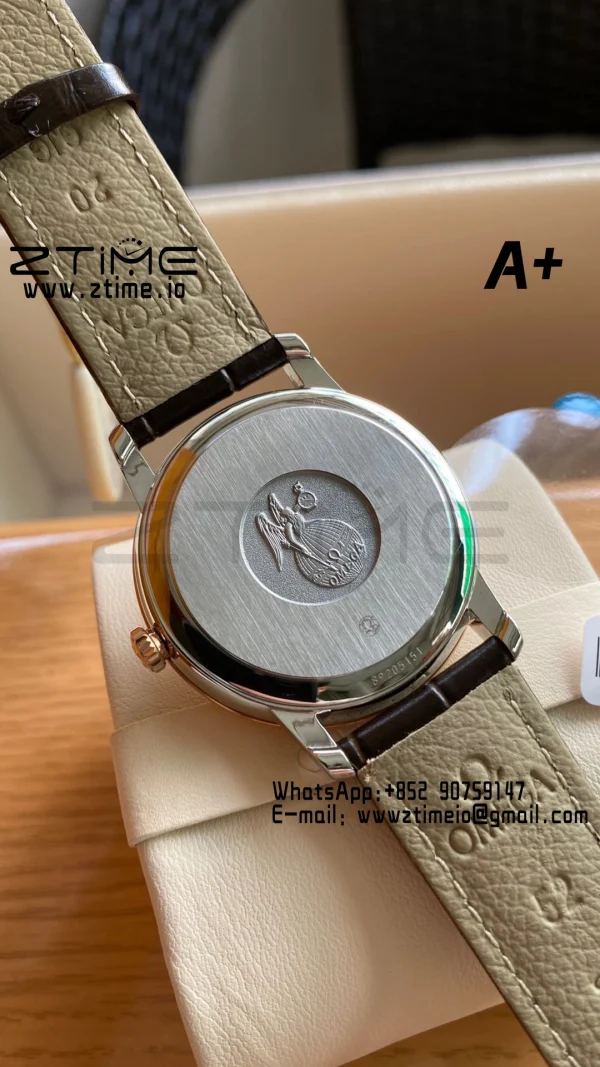 OMEGA De Ville Prestige 39.5mm RG/SS A+F 1:1 Best Edition White Granular Dial RG Markers on Black Leather Strap A2500 - Super Clone Watch | 1:1 Best Version