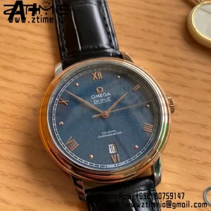 OMEGA De Ville Prestige 39.5mm RG/SS A+F 1:1 Best Edition Blue Granular Dial RG Markers on Black Leather Strap A2500 - Super Clone Watch | 1:1 Best Version